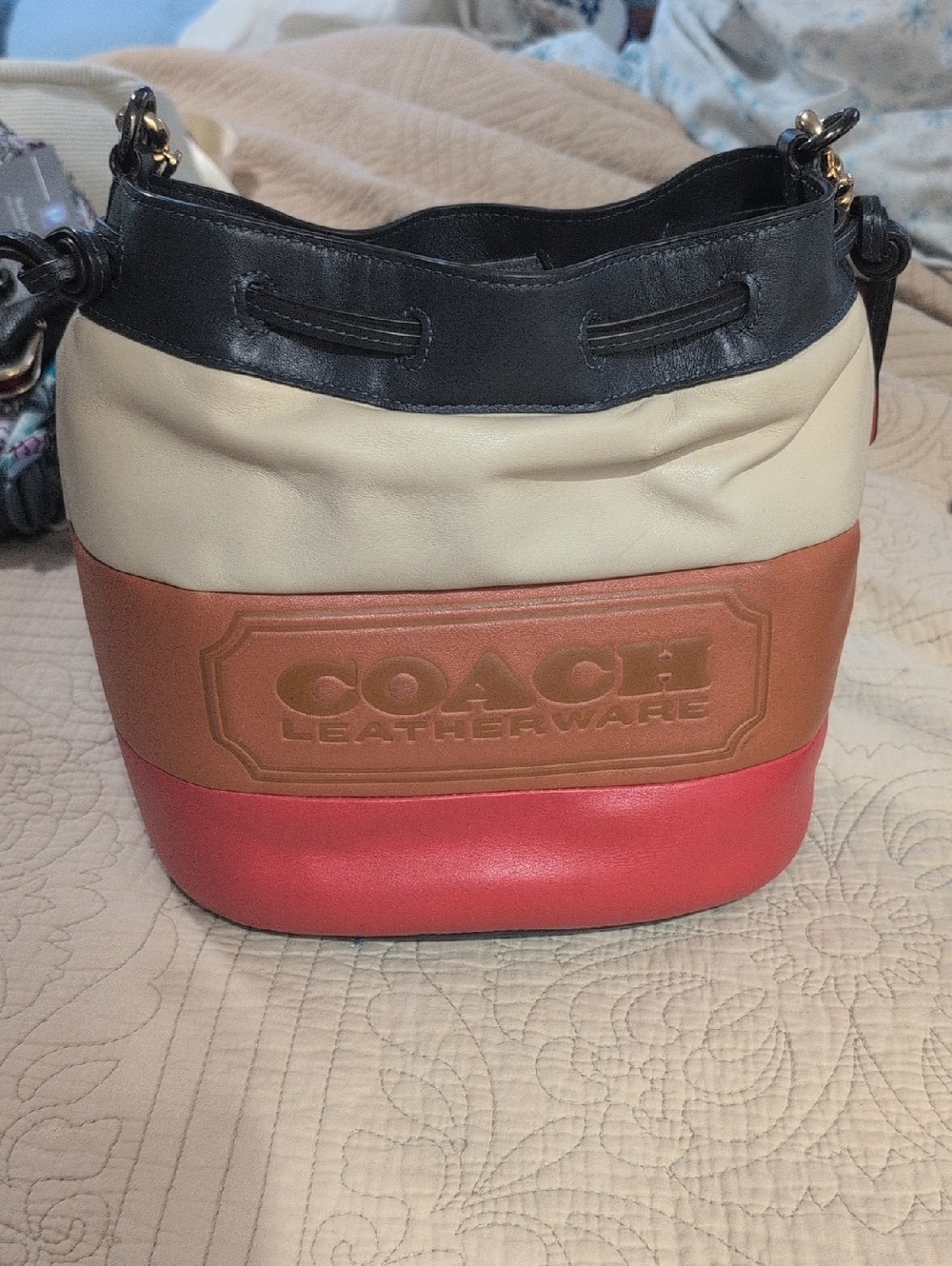 Coach Colorblock Leather Shoulder Bag in Black, Cream, Tan & Red